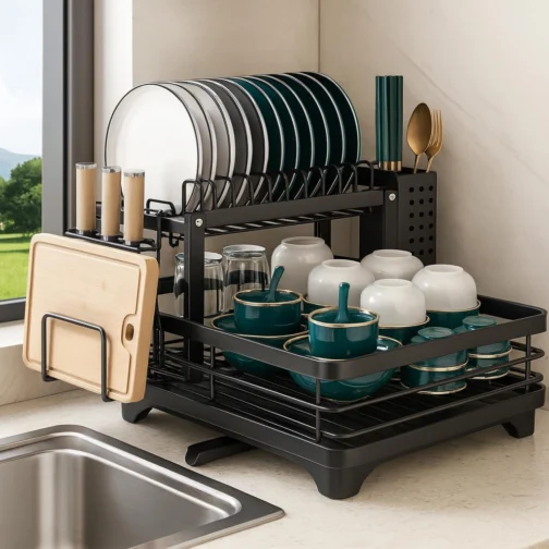 Escorredor de Louça em Aço Carbono Preto com Bandeja de Drenagem, Suporte para Copos, Talheres e Tábuas – Compacto, Resistente, Antiferrugem – Organizador de Pia Cozinha Moderna - Imagem 3