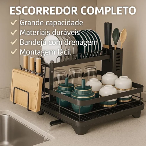 Escorredor de Louça em Aço Carbono Preto com Bandeja de Drenagem, Suporte para Copos, Talheres e Tábuas – Compacto, Resistente, Antiferrugem – Organizador de Pia Cozinha Moderna - Imagem 5