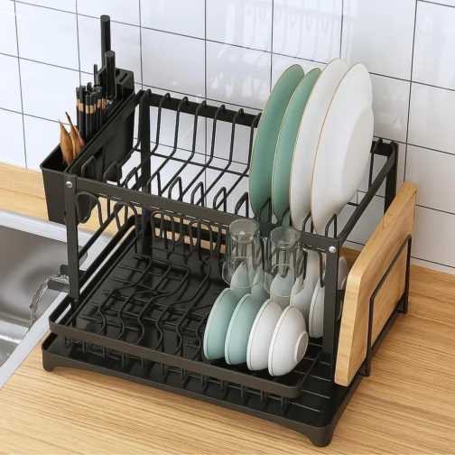 Escorredor de Louça em Aço Carbono Preto com Bandeja de Drenagem, Suporte para Copos, Talheres e Tábuas – Compacto, Resistente, Antiferrugem – Organizador de Pia Cozinha Moderna - Imagem 6