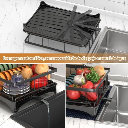 Escorredor de Louça em Aço Carbono Preto com Bandeja de Drenagem, Suporte para Copos, Talheres e Tábuas – Compacto, Resistente, Antiferrugem – Organizador de Pia Cozinha Moderna - Imagem 7