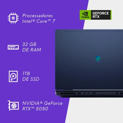 Notebook Gamer Dell Alienware 16 Aurora AC16250 AC16-C7240H-M90 16" WQXGA Intel Core7 32GB 1TBSSD NVIDIA RTX5050 Win11 - Imagem 3