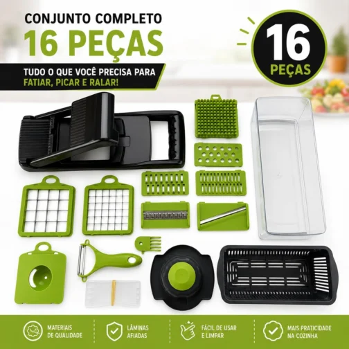 Cortador Fatiador Ralador de Legumes Multifuncional 16 em 1 - Fatiador de Bandolim Máquina Profissional de Cortar Alimentos Cebolas Vegetais Frutas Legumes Premium Hytalux - Imagem 4