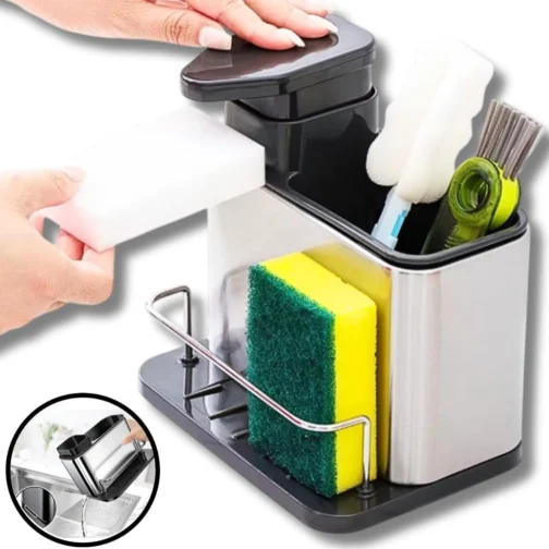 Porta Detergente Aço Inox com Dispenser para Sabão Líquido e Suporte para Esponja Escorredor Talheres Organizador de Pia de Cozinha Premium Lindo e Prático - Imagem 2