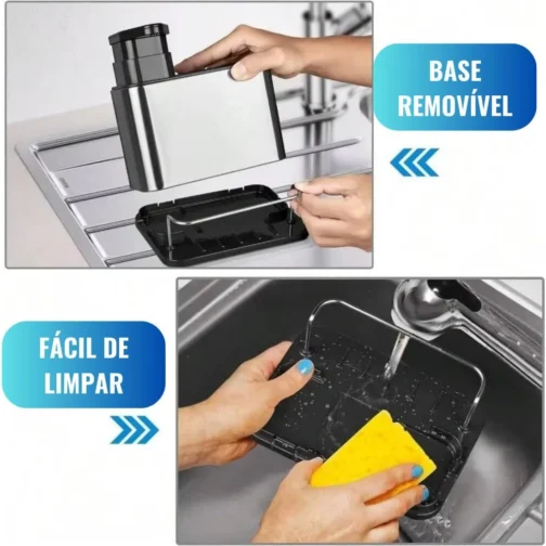 Porta Detergente Aço Inox com Dispenser para Sabão Líquido e Suporte para Esponja Escorredor Talheres Organizador de Pia de Cozinha Premium Lindo e Prático - Imagem 3