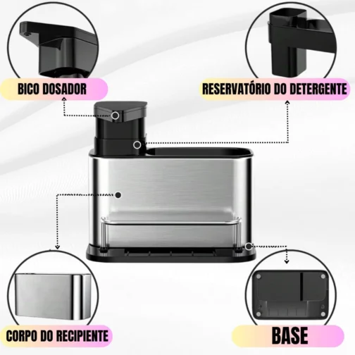 Porta Detergente Aço Inox com Dispenser para Sabão Líquido e Suporte para Esponja Escorredor Talheres Organizador de Pia de Cozinha Premium Lindo e Prático - Imagem 4