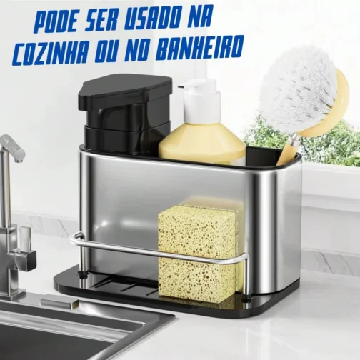 Porta Detergente Aço Inox com Dispenser para Sabão Líquido e Suporte para Esponja Escorredor Talheres Organizador de Pia de Cozinha Premium Lindo e Prático - Imagem 6
