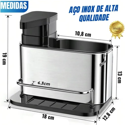 Porta Detergente Aço Inox com Dispenser para Sabão Líquido e Suporte para Esponja Escorredor Talheres Organizador de Pia de Cozinha Premium Lindo e Prático - Imagem 7