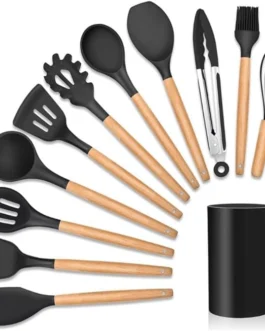 Kit 12 Utensílios de Cozinha em Silicone Cabo Madeira Conjunto Jogo Completo Espátula Concha Colher Resistente Alta Temperatura Premium