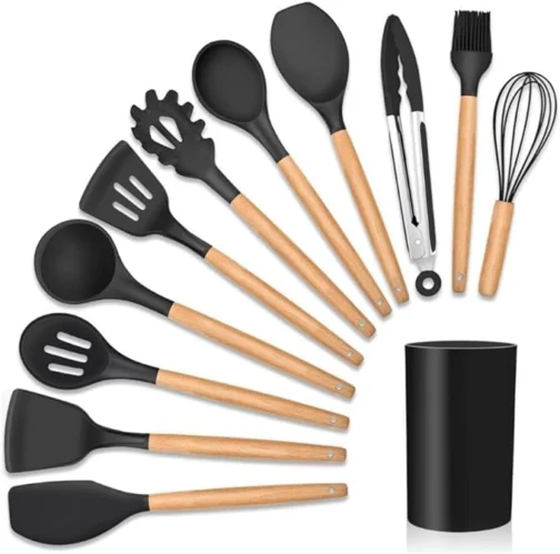 Kit 12 Utensílios de Cozinha em Silicone Cabo Madeira Conjunto Jogo Completo Espátula Concha Colher Resistente Alta Temperatura Premium - Imagem 2