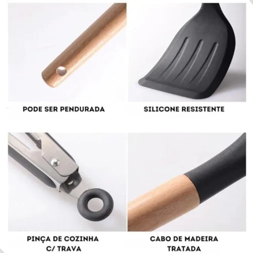 Kit 12 Utensílios de Cozinha em Silicone Cabo Madeira Conjunto Jogo Completo Espátula Concha Colher Resistente Alta Temperatura Premium - Imagem 3
