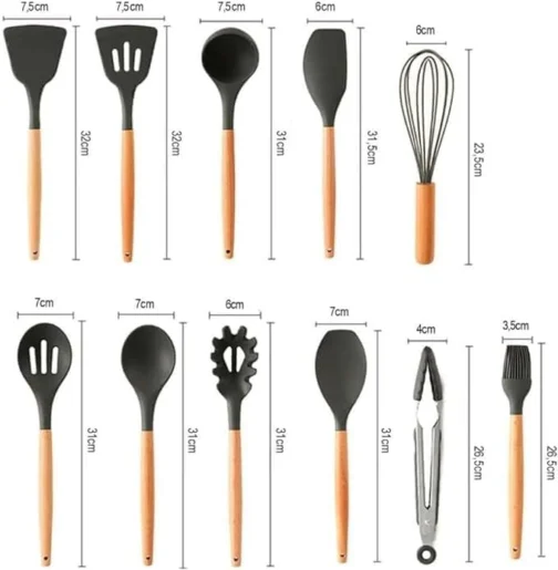 Kit 12 Utensílios de Cozinha em Silicone Cabo Madeira Conjunto Jogo Completo Espátula Concha Colher Resistente Alta Temperatura Premium - Imagem 4