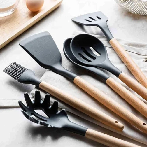 Kit 12 Utensílios de Cozinha em Silicone Cabo Madeira Conjunto Jogo Completo Espátula Concha Colher Resistente Alta Temperatura Premium - Imagem 5