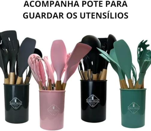 Kit 12 Utensílios de Cozinha em Silicone Cabo Madeira Conjunto Jogo Completo Espátula Concha Colher Resistente Alta Temperatura Premium - Imagem 6