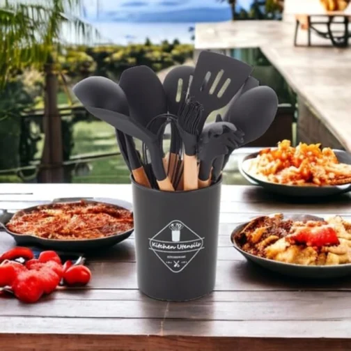 Kit 12 Utensílios de Cozinha em Silicone Cabo Madeira Conjunto Jogo Completo Espátula Concha Colher Resistente Alta Temperatura Premium - Imagem 7