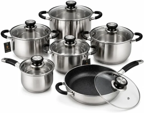 Jogo de Panelas Inox 12 Peças Fundo Triplo Compatível Indução Frigideira Cerâmica Kit Completo Premium - Imagem 2