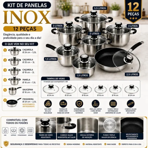 Jogo de Panelas Inox 12 Peças Fundo Triplo Compatível Indução Frigideira Cerâmica Kit Completo Premium - Imagem 3