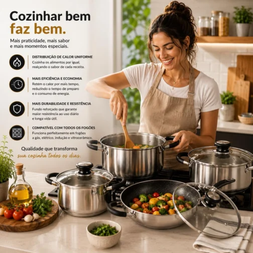 Jogo de Panelas Inox 12 Peças Fundo Triplo Compatível Indução Frigideira Cerâmica Kit Completo Premium - Imagem 6