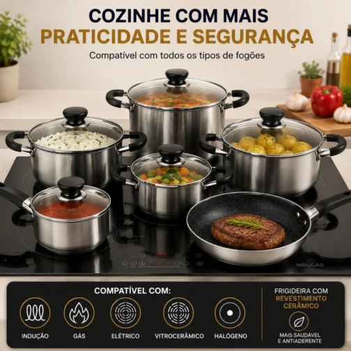Jogo de Panelas Inox 12 Peças Fundo Triplo Compatível Indução Frigideira Cerâmica Kit Completo Premium - Imagem 7