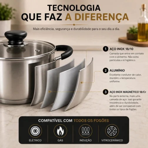 Jogo de Panelas Inox 12 Peças Fundo Triplo Compatível Indução Frigideira Cerâmica Kit Completo Premium - Imagem 8
