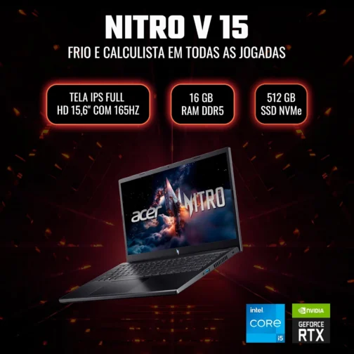 Notebook Gamer Acer Nitro V15 ANV15-52-52VN Intel® Core™ i5-13420H 13ªG 512 GB SSD 16 GB RAM RTX 4060 15.6” - Imagem 3