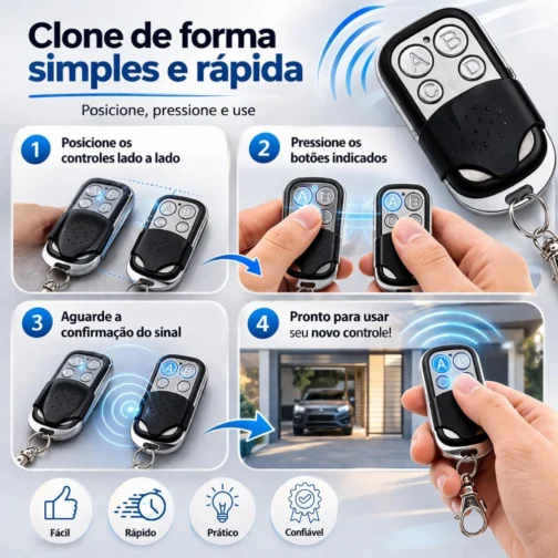 Kit 2 Controles Remotos para Portão Eletrônico 433MHz | Duplicador Universal 4 Botões | Compatível com Alarmes, Portões e Cercas | Compacto com Chaveiro Metálico - Imagem 6