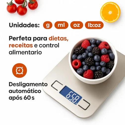Balança de Cozinha Digital Premium em Inox Resistente à Água Portátil Base Antiderrapante Visor de Alta Definição Pesagem Precisa de 1g a 10kg Durável Moderna e Ideal para Alimentos Frescos - Imagem 4