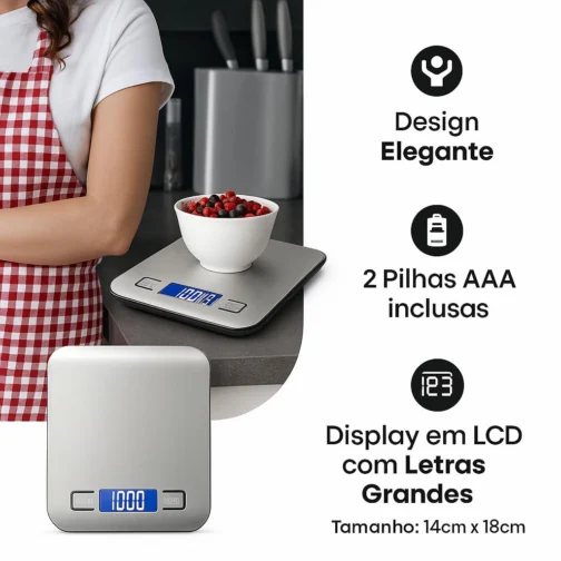 Balança de Cozinha Digital Premium em Inox Resistente à Água Portátil Base Antiderrapante Visor de Alta Definição Pesagem Precisa de 1g a 10kg Durável Moderna e Ideal para Alimentos Frescos - Imagem 5