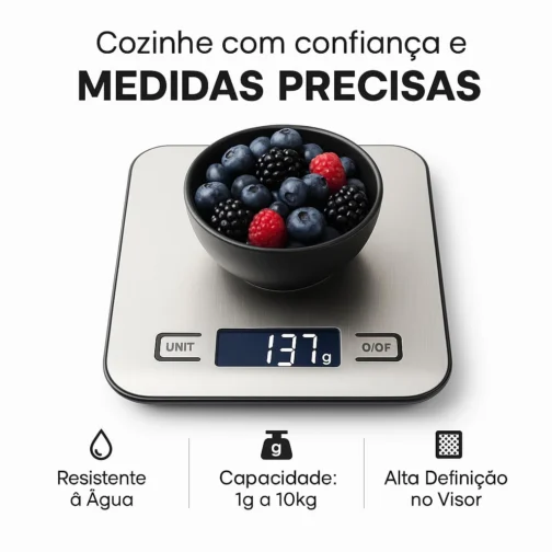Balança de Cozinha Digital Premium em Inox Resistente à Água Portátil Base Antiderrapante Visor de Alta Definição Pesagem Precisa de 1g a 10kg Durável Moderna e Ideal para Alimentos Frescos - Imagem 6