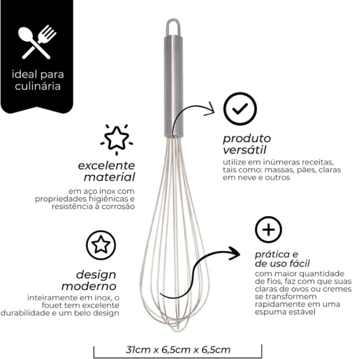 Mimo Style Batedor de Ovos e Massas Fouet, Inteiramente em Aço Inoxidável, Excelente Durabilidade e Belo Design, Útil Para Diversas Receitas Como Massas de Bolo, Tortas, Pães, Cremes, Claras em Neve - Imagem 3