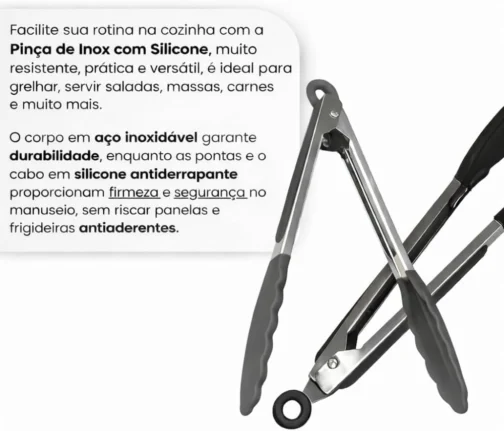 Pegador de Silicone Culinário Inox 25cm com Cabo Antiderrapante Pinça Culinária Multiuso Cozinha Massas Churrasco Salada Fritura Air Fryer Linha Premium (Cinza) - Imagem 4
