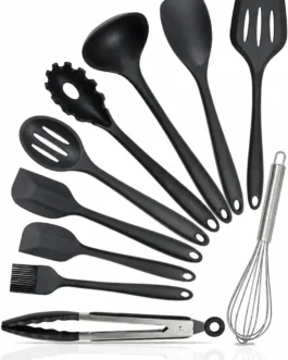 Kit 10 Utensílios de Cozinha em Silicone e Aço Inox, Resistentes ao Calor, Antirriscos, com Espátula, Pegador, Concha e Colher, Preto