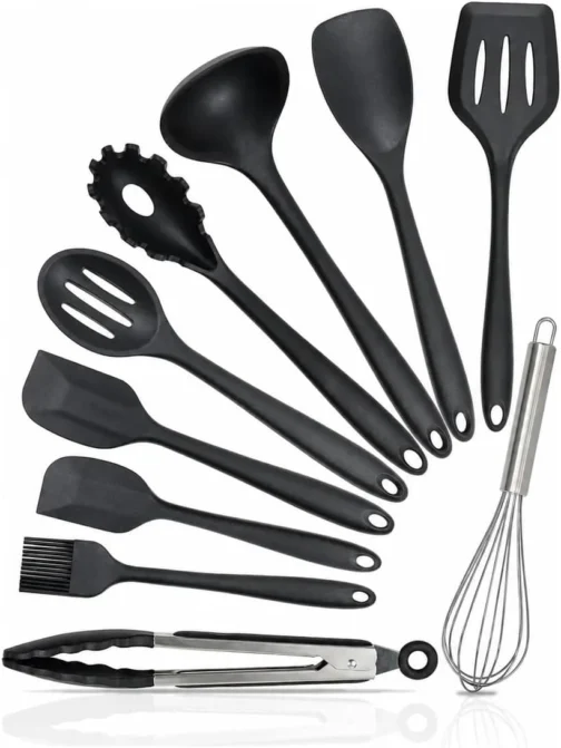 Kit 10 Utensílios de Cozinha em Silicone e Aço Inox, Resistentes ao Calor, Antirriscos, com Espátula, Pegador, Concha e Colher, Preto - Imagem 2