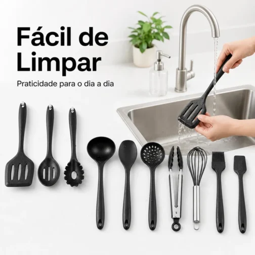 Kit 10 Utensílios de Cozinha em Silicone e Aço Inox, Resistentes ao Calor, Antirriscos, com Espátula, Pegador, Concha e Colher, Preto - Imagem 4