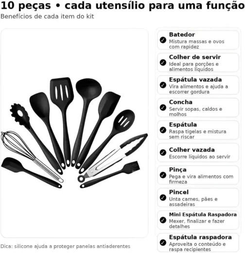 Kit 10 Utensílios de Cozinha em Silicone e Aço Inox, Resistentes ao Calor, Antirriscos, com Espátula, Pegador, Concha e Colher, Preto - Imagem 5