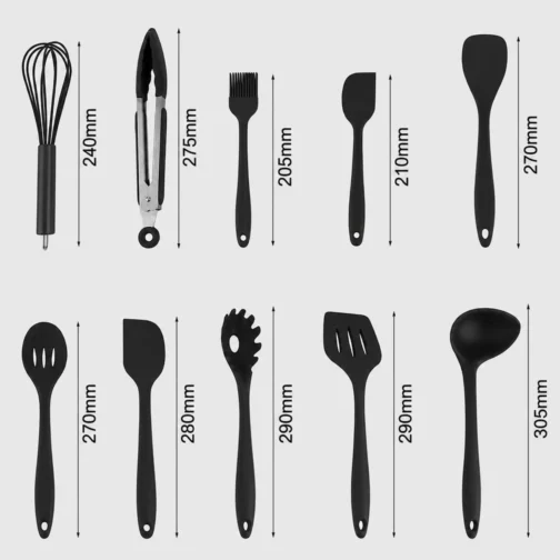 Kit 10 Utensílios de Cozinha em Silicone e Aço Inox, Resistentes ao Calor, Antirriscos, com Espátula, Pegador, Concha e Colher, Preto - Imagem 6