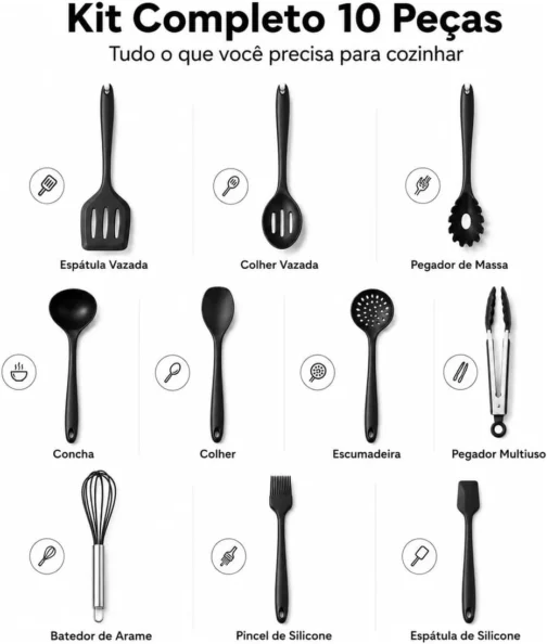 Kit 10 Utensílios de Cozinha em Silicone e Aço Inox, Resistentes ao Calor, Antirriscos, com Espátula, Pegador, Concha e Colher, Preto - Imagem 8