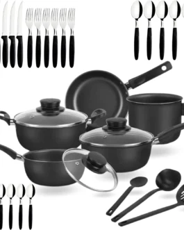 Jogo de Panelas Antiaderente Elegan 33 Peças C/Talheres Tampa de Vidro Alumínio Conjunto Facas Colheres Completo – Dona Chefa