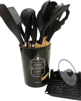 Kit de Utensílios de Cozinha em Silicone 13 Peças RJI Utilidades com Cabo de Bambu Conjunto de Talheres Completo Antiaderente com Suporte de Descanso e Pote Organizador Preto