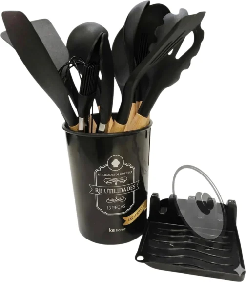 Kit de Utensílios de Cozinha em Silicone 13 Peças RJI Utilidades com Cabo de Bambu Conjunto de Talheres Completo Antiaderente com Suporte de Descanso e Pote Organizador Preto - Imagem 2