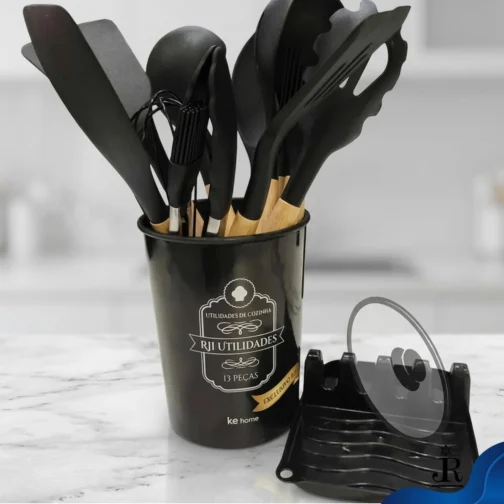 Kit de Utensílios de Cozinha em Silicone 13 Peças RJI Utilidades com Cabo de Bambu Conjunto de Talheres Completo Antiaderente com Suporte de Descanso e Pote Organizador Preto - Imagem 3