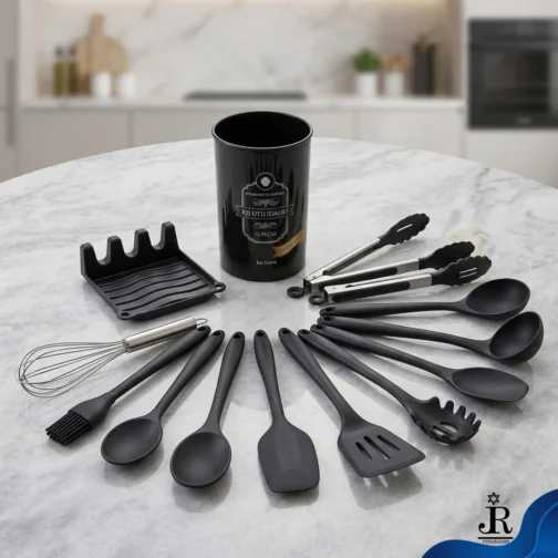 Kit de Utensílios de Cozinha em Silicone 13 Peças RJI Utilidades com Cabo de Bambu Conjunto de Talheres Completo Antiaderente com Suporte de Descanso e Pote Organizador Preto - Imagem 4