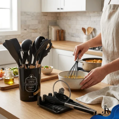 Kit de Utensílios de Cozinha em Silicone 13 Peças RJI Utilidades com Cabo de Bambu Conjunto de Talheres Completo Antiaderente com Suporte de Descanso e Pote Organizador Preto - Imagem 6