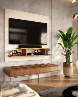 Genérico, Painel para TV Smart 32 Polegadas com Nicho Prateleira Sala Quarto Reilly – Off White com Freijó