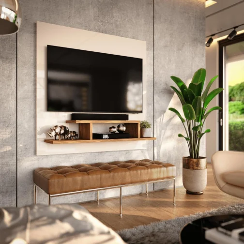 Genérico, Painel para TV Smart 32 Polegadas com Nicho Prateleira Sala Quarto Reilly - Off White com Freijó - Imagem 2