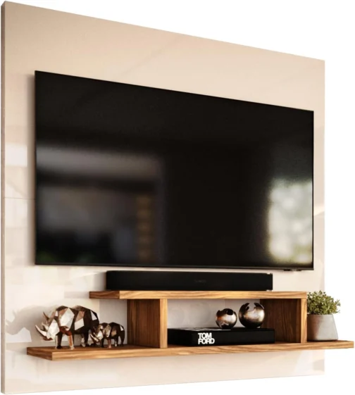 Genérico, Painel para TV Smart 32 Polegadas com Nicho Prateleira Sala Quarto Reilly - Off White com Freijó - Imagem 3