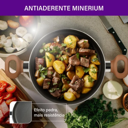 Jogo de Panelas Rochedo Natural Stone 5 peças, Cinza com Efeito Pedra, Antiaderente Minerium, Thermo-Sinal, Alta Espessura de 2mm e Cozimento Homogêneo - Imagem 5