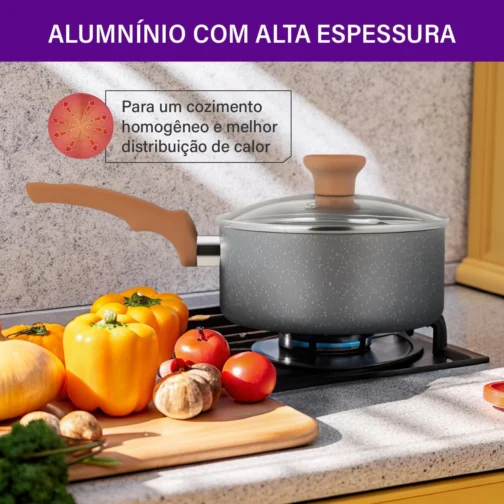 Jogo de Panelas Rochedo Natural Stone 5 peças, Cinza com Efeito Pedra, Antiaderente Minerium, Thermo-Sinal, Alta Espessura de 2mm e Cozimento Homogêneo - Imagem 6