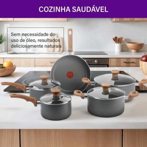 Jogo de Panelas Rochedo Natural Stone 5 peças, Cinza com Efeito Pedra, Antiaderente Minerium, Thermo-Sinal, Alta Espessura de 2mm e Cozimento Homogêneo - Imagem 9