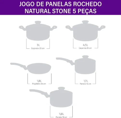 Jogo de Panelas Rochedo Natural Stone 5 peças, Cinza com Efeito Pedra, Antiaderente Minerium, Thermo-Sinal, Alta Espessura de 2mm e Cozimento Homogêneo - Imagem 10