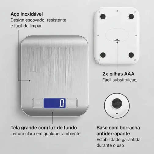 Balança de Cozinha Digital Premium em Inox Resistente à Água Portátil com Base Antiderrapante Visor de Alta Definição Alta Precisão Pesagem de 1g a 10kg Ideal para Dieta Fitness Alimentos Saudáveis! - Imagem 3